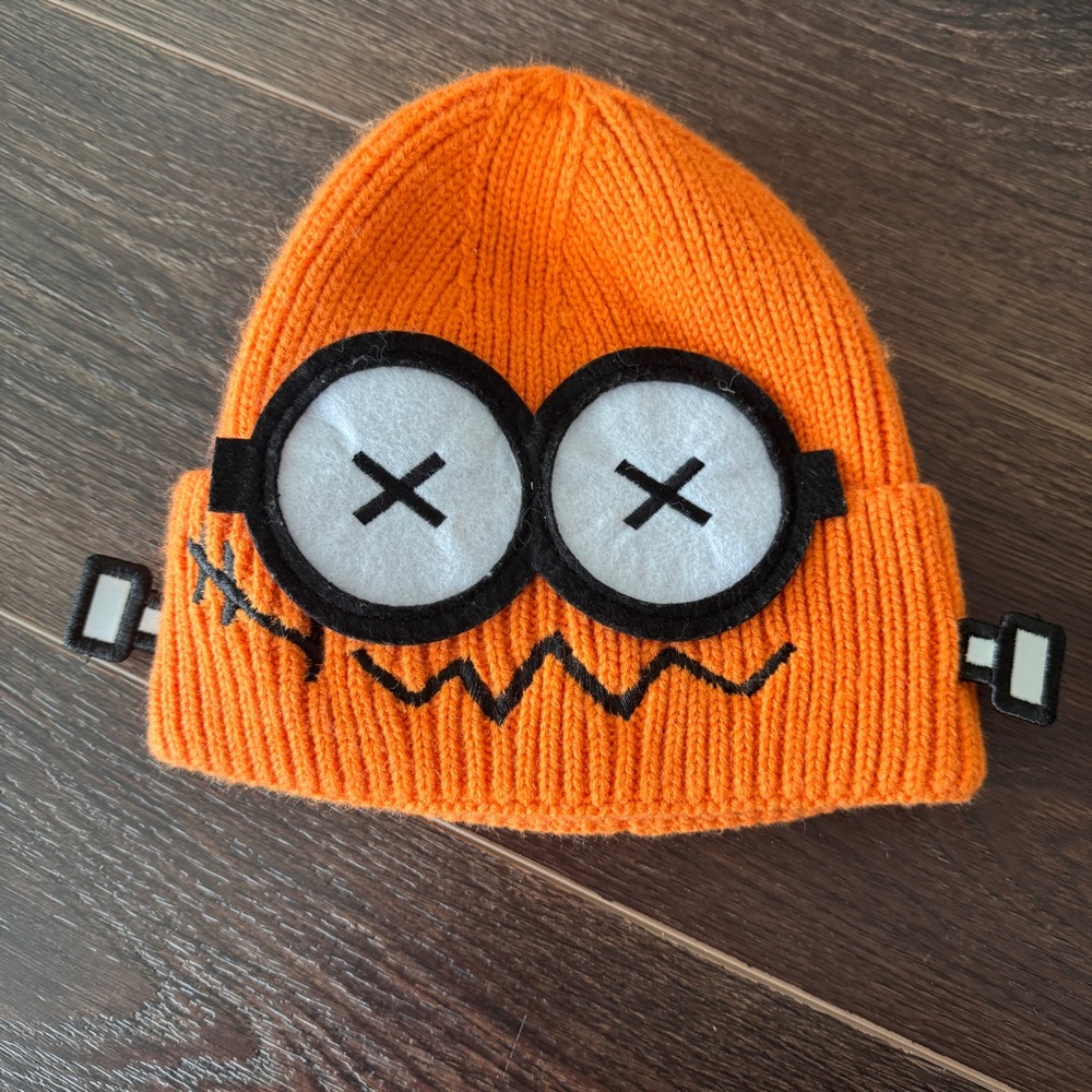Orange Knit Beanie with Fun Monster Face